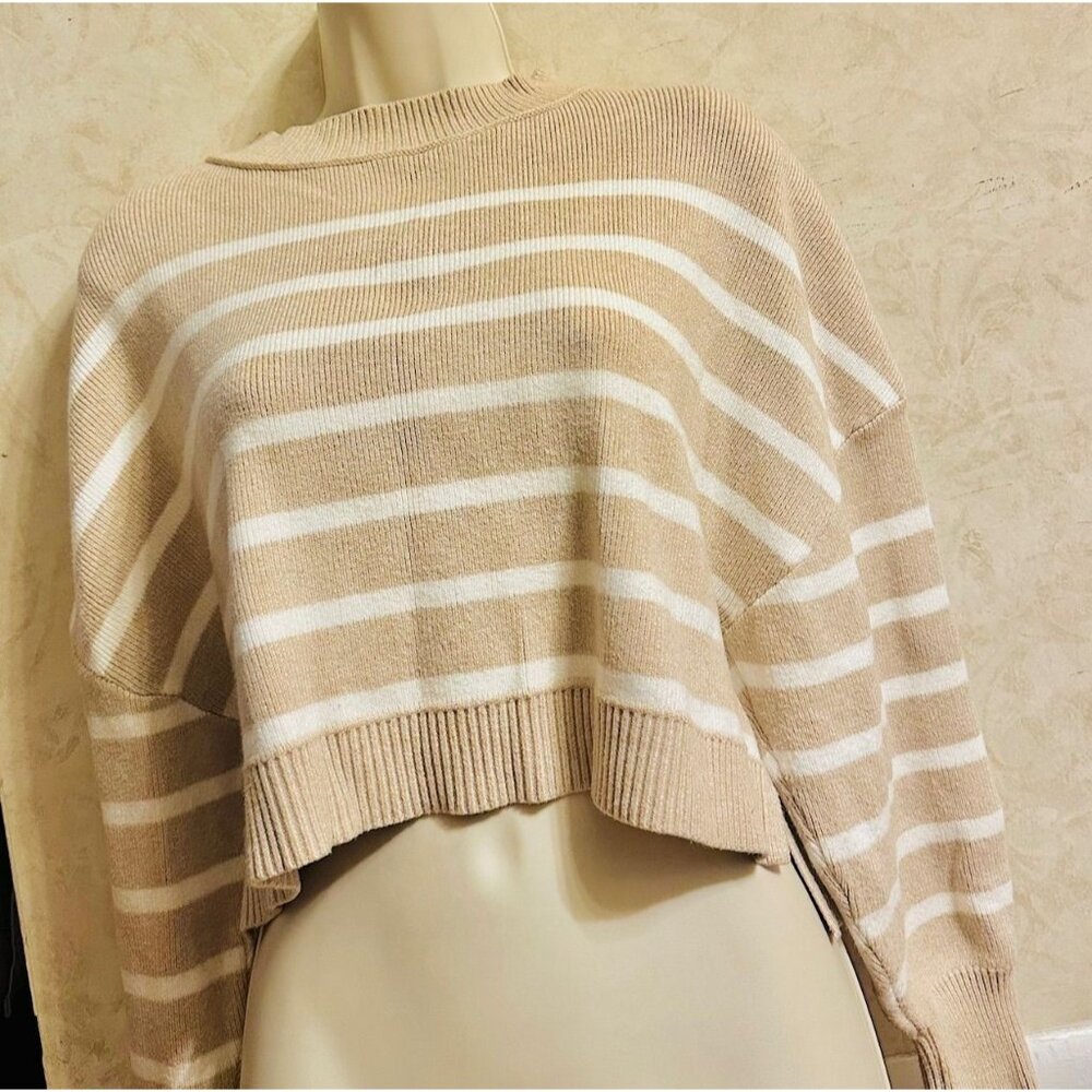 Merokeety Women Striped Tan-White Cropped Effortless Casualwear Belly Sweater M